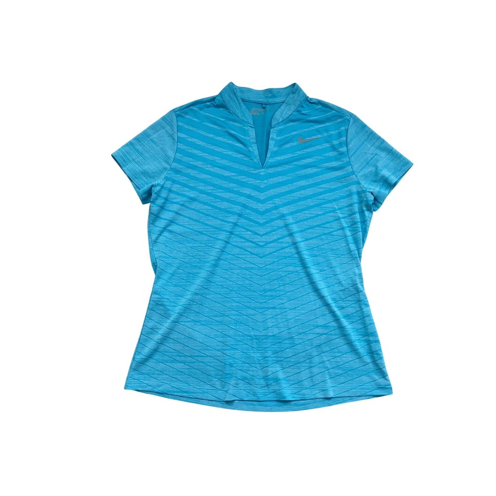Nike Golf Womens Dri-FIT Chevron Stripe V-Neck Polo Shirt Turquoise Blue Large